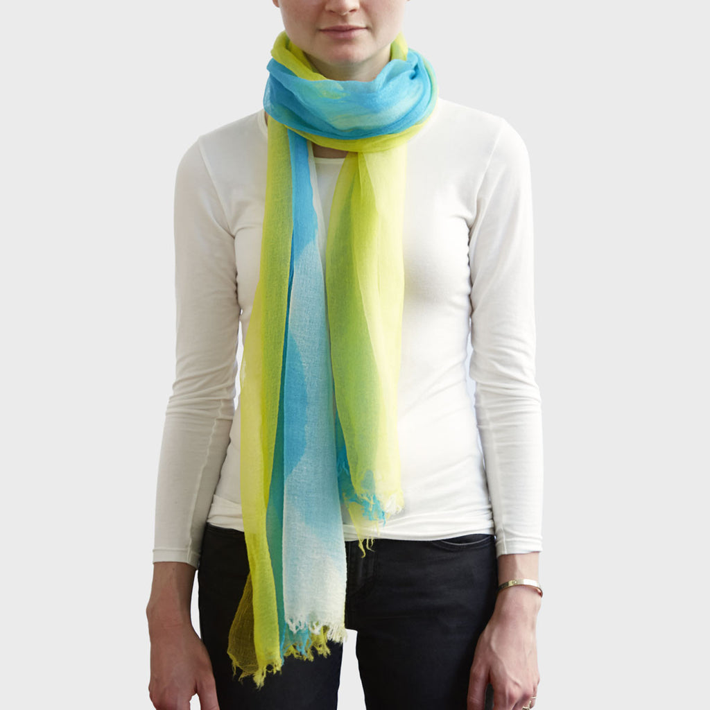 Turquoise Yellow Cashmere Drake Scarf by Fischer Karlsson DARA Artisans